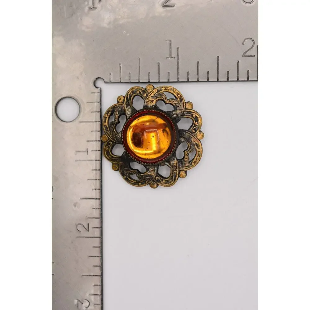 Vintage Cabochon Clip Earrings Round Orange Jelly Antiqued Brass Tone 80s BinAT